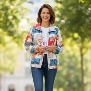 Vintage 80s 100% Silk Track Jacket Hot Air Balloon Postage Stamp Full Zip Size M